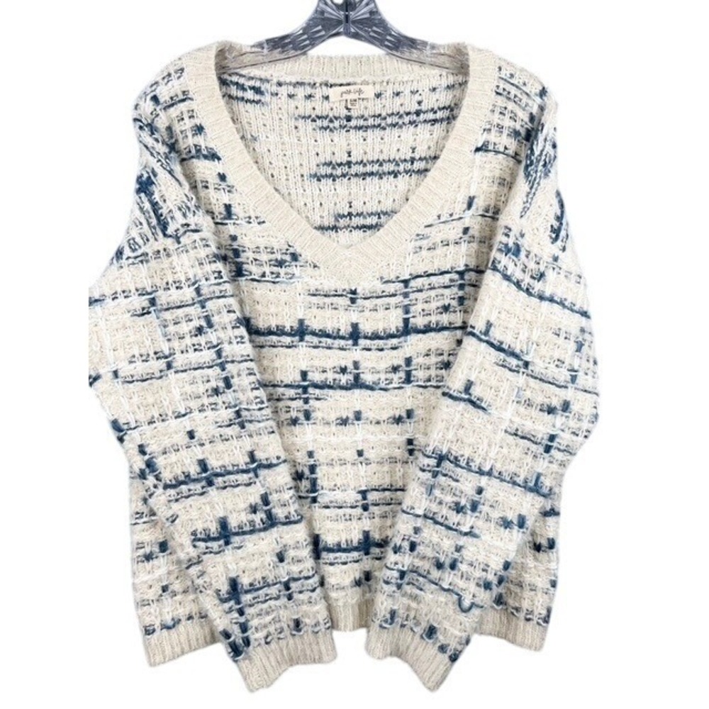 Knit V Neck Sweater Womens Blue Cream S/M Textured Pullover Shimmer